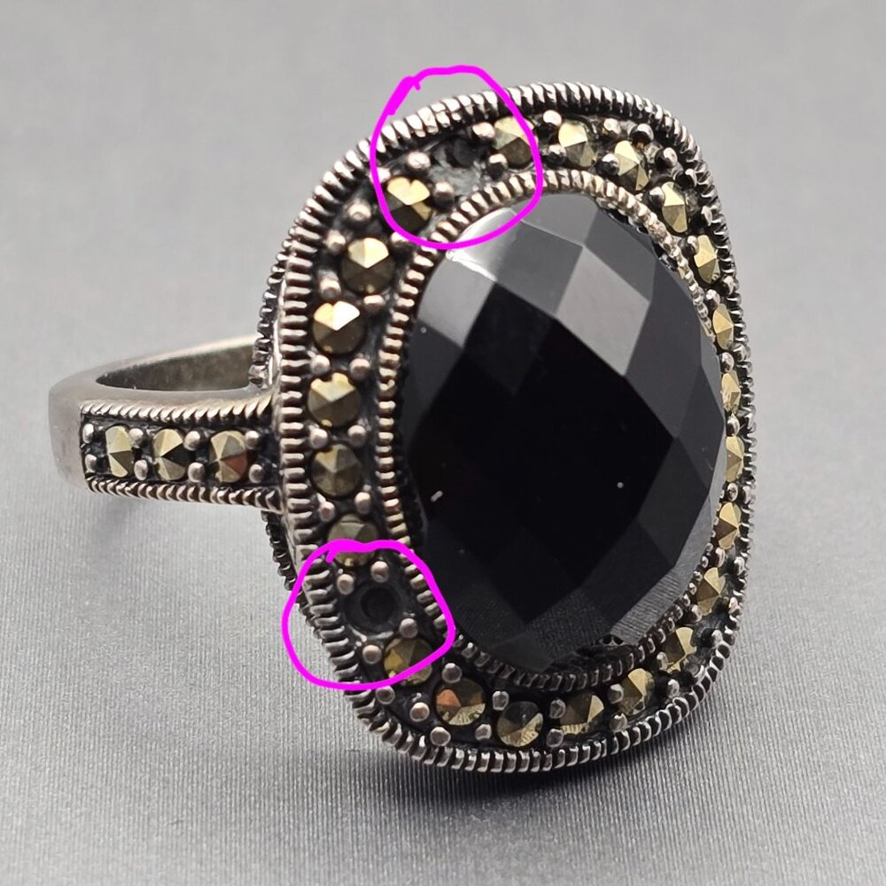NF Sterling Silver Black Onyx & Marcasite Ring Size 9 Checkerboard Cut 8.92g - Picture 6 of 13